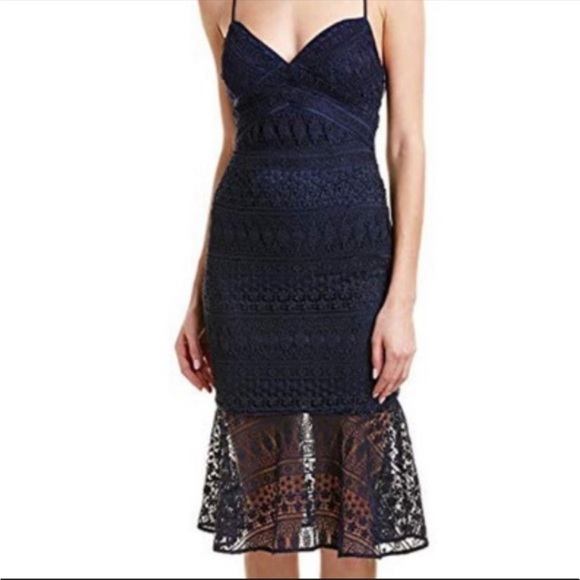 Likely NEW REVOLVE Navy DARBY Lace Overlay Flounce Hem Midi Dress 4 Cocktail - Picture 1 of 7